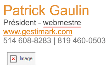 La signature de courriel est illustrée en orange et en gris avec le nom, le titre, le site, le numéro de téléphone de quelqu'un. 